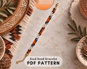 May include: A seed bead bracelet featuring a geometric pattern in shades of orange, brown, white, and grey. The bracelet includes a gold-toned metal clasp and an adjustable chain extension. The text "Seed bead bracelet PDF PATTERN" is visible.