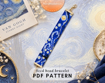 May include: A rectangular seed bead bracelet featuring a blue, yellow, and black pattern inspired by Van Gogh's Starry Night. The bracelet has gold-tone metal end caps and a lobster claw clasp. Text on the image reads Seed bead bracelet PDF PATTERN.
