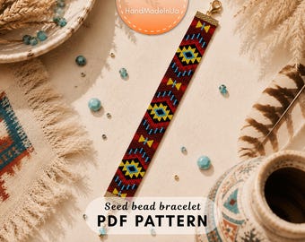May include: A seed bead bracelet featuring a geometric pattern in red, yellow, and blue. The bracelet has a metallic clasp at one end and displays the text Seed bead bracelet PDF PATTERN at the bottom of the image.