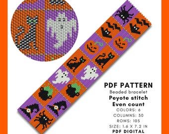 Halloween Beaded bracelet pattern, Odd peyote Wide wrist cuff Pumpkin Spider Bat Black cat Ghost Witch's cauldron Pointy hat pdf digital 068