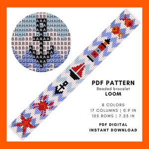 Patrón de pulsera de telar de cuentas náuticas, brazalete ancho costero, tejido de cuentas, pez, velero, faro, Delica, ancla de animal oceánico, pdf digital 099