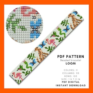 May include: A beaded bracelet loom pattern with a tropical theme. The design features pink flamingos, blue butterflies, and brown giraffes on a white background. The text "PDF PATTERN Beaded bracelet LOOM" is displayed.