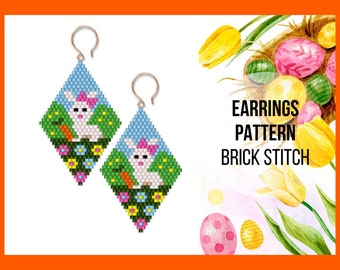 Easter bunny brick stitch earring pattern, Seed bead earring pattern, Cute rabbit with carrot, Rhomb shape, Bead weaving, PDF digital, 367