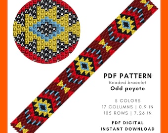 May include: A digital PDF pattern for an odd peyote beaded bracelet. The design features a geometric pattern in red, yellow, blue, and brown. The bracelet is 0.9 inches wide and 7.26 inches long. The pattern includes 5 colors.