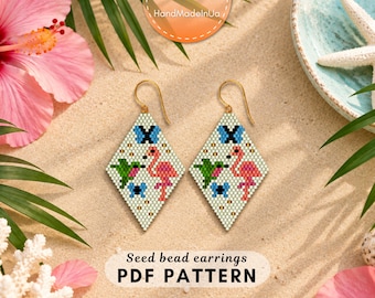 Tropical Flamingo Beaded Earrings Pattern, Brick stitch Pattern, Hummingbird, Colorful Bird Jewelry, Boho Summer Digital Download 069