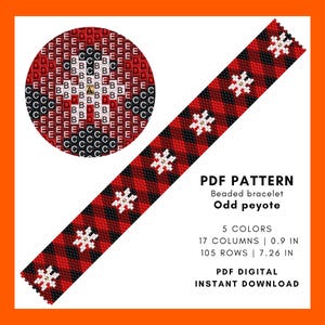 Snöflinga Udda antal peyote pärlarmbandsmönster Julröd buffelprydnad Pärlarbete, Pärlvävning Miyuki Delica, pdf digital 032