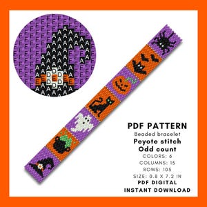 Patroon Halloween-kralenarmband, oneven peyote, pompoen, spin, vleermuis, zwarte kat Spook Heksenketel met drankje Puntige hoed pdf digitaal 068