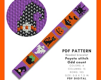 Halloween Beaded bracelet pattern, Odd peyote, Pumpkin, Spider, Bat, Black cat Ghost Witch's cauldron with potion Pointy hat pdf digital 068