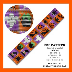 以下が含まれることがあります： ハロウィーンをテーマにしたビーズブレスレットのパターン。オレンジ色のカボチャ、黒猫、白い幽霊、紫色のクモがデザインされています。パターンは3.5 x 18.3 cmで、6色を使用しています。「PDF PATTERN Beaded bracelet LOOM」と書かれています。