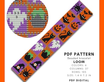 May include: A beaded bracelet pattern with a Halloween theme. The design features orange pumpkins, black cats, white ghosts, and purple spiders. The pattern is 1.4 x 7.2 inches and includes 6 colors. The text says "PDF PATTERN Beaded bracelet LOOM".