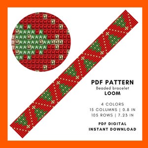 Cristmas tree Loom beaded bracelet pattern, Easy beading, Red xmas wrist cuff, DIY jewelry, pdf download 139