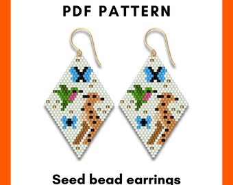 May include: Diamond-shaped seed bead earrings with gold hooks. The earrings feature a white background with a design of a butterfly, hummingbird, and a brown animal. The text "PDF PATTERN" and "Seed bead earrings" are displayed.