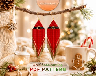 May include: A pair of long, pointed seed bead earrings featuring a red Santa suit design with a black belt and gold buckle detail. The lower portion of the earrings transitions into a gold beaded fringe. The text Seed bead earring PDF PATTERN is visible.