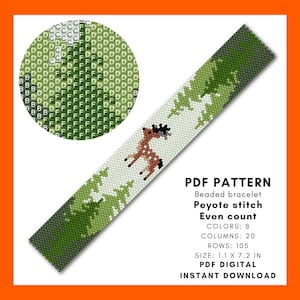 Deer forest beaded bracelet pattern, Even count peyote stitch, Spruce tree Scandinavian DIY Bookmark Miyuki Delica seed bead PDF digital 060