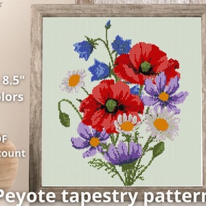 Red flower peyote, Peyote tapestry pattern, Even peyote pattern, Home decor tapestry, pdf digital download