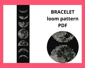 May include: A black and white loom pattern for a bracelet featuring the phases of the moon. The pattern is called "BRACELET loom pattern PDF".