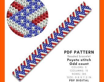 Peyote Bracelet Pattern PDF, American Flag Colors Geometric Beadwork Miyuki Delica 11 Patriotic Jewelry Design Gift Idea, pdf digital 070