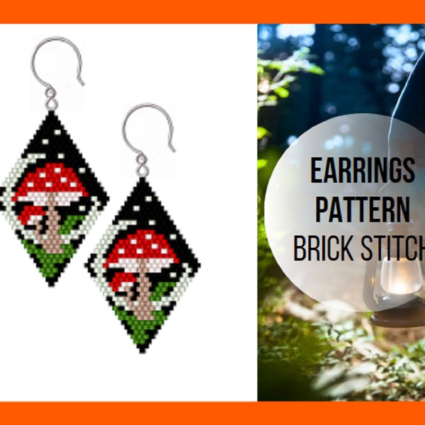 Magic forest mushroom brick stitch earring pattern, Fantasy moon, Gothic agaric, Rhomb shape, Seed bead earring pattern, digital