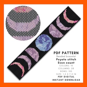 Moon phases beaded bracelet pattern, Delica seed bead, Ombre gradient design, Even count peyote stitch, Mooncore jewelry DIY pdf digital 058