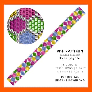 May include: A digital PDF pattern for a beaded bracelet in an even peyote stitch. The design features a colorful geometric pattern with six colors. The bracelet is 0.63 inches wide and 7.26 inches long. The pattern includes a color chart.