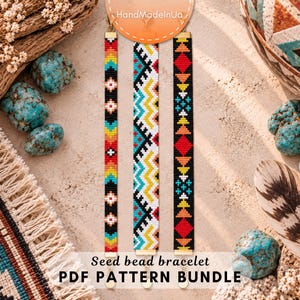 May include: Three vertical seed bead bracelets featuring geometric patterns in black, white, red, yellow, and turquoise. Each bracelet has gold-tone metal end caps. The text "Seed bead bracelet PDF PATTERN BUNDLE" is printed at the bottom.