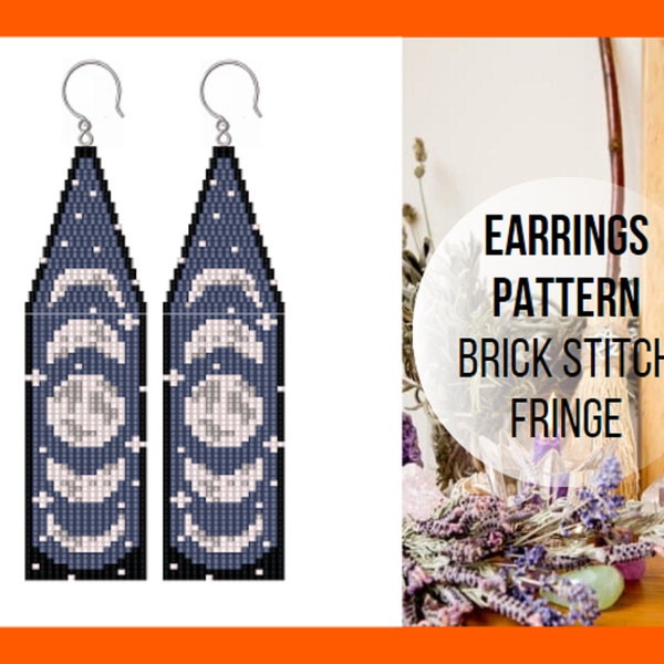 Moon phases earring pattern, Seed Bead fringe earring pattern, Celestial earring, Crescent moon, Brick stitch luna, Moon cycles, PDF digital