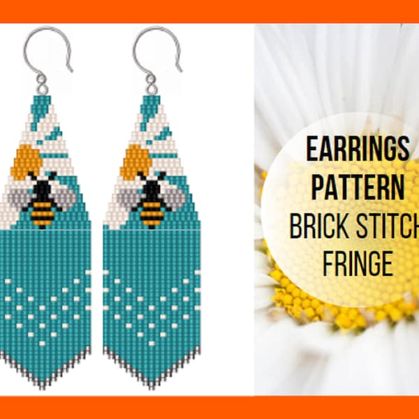 BumbleBee Daisy Chamomile blossom, Brick stitch bee, Seed bead fringe earring patterns, White flower earring, Beaded bee insect, PDF digital