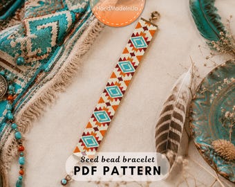 May include: A flat, rectangular seed bead bracelet featuring a repeating geometric pattern in white, orange, turquoise, and dark red. The bracelet includes a metallic lobster clasp at one end and a small jump ring at the other, showcasing a detailed design.