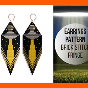 UFO Aliens Moon beaded earring pattern, Brick stitch earring with fringes, Beadweaving easy, Seed bead pattern, PDF digital download 258