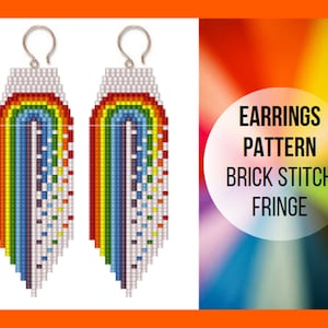 Bright rainbow colorful seed bead Fringe earrings patterns, Brick stitch prism, Multicolor weather, Pride jewelry, Commercial use, digital