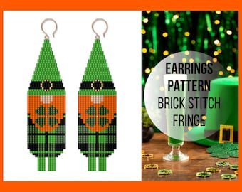 St Paddys day Seed bead earring pattern, Leprechaun beaded earring pattern, Brick stitch fringe, Cute gnome, Bead weaving, PDF digital 195