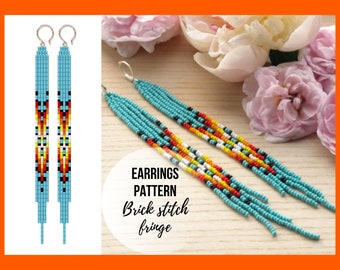 Ethnic bead earring pattern, Brick stitch native,  Extra long fringe, Seed bead ethnic, Delica pattern, PDF instant download, 370
