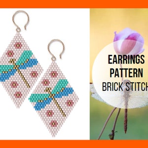Dragonfly flower brick stitch pattern, Insect earring pattern, Floral earring pattern, Seed bead Miyuki Delica, Flat rhomb earring, digital