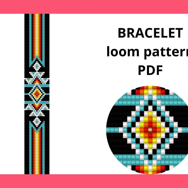 Southwest native american loom beaded bracelet pattern, Native inspired beadwork, Miyuki Delica seed bead pattern, PDF digital download