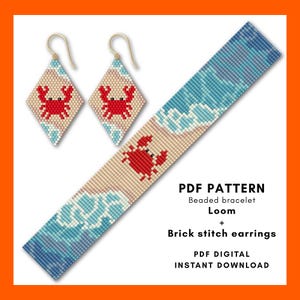 Set di 2 modelli di braccialetti con perline Loom, granchio, oceano, spiaggia, estate, orecchini a punto mattone fai da te, animali marini, perline Miyuki Delica, PDF digitale 039