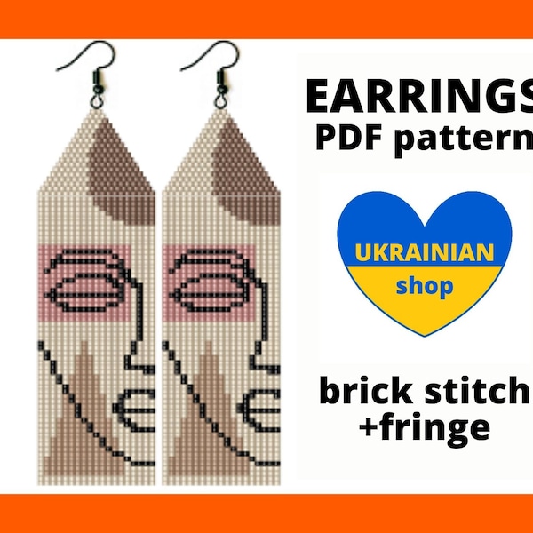 Brick stitch pattern, Seed bead earring pattern, Line art earrings pattern, Minimalist face fringe earring pattern, pdf digital download