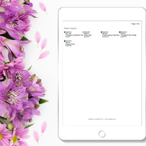 May include: A tablet screen displaying a bead legend with color swatches and bead counts. The text on the screen reads "Bead Legend" and "Page 1 of 3".