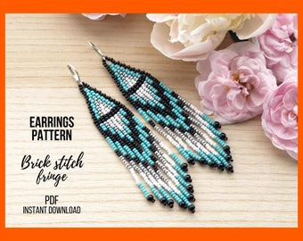 Seed bead earring pattern, Ethnic fringe, Brick stitch tribal, Native American design, DIY jewelry, Bead weaving, PDF digital, 375