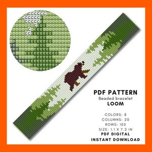 Forest bear Loom beaded bracelet patterns, Seed bead, Scandinavian nature Wrist cuff, Wild animal Bead weaving PDF digital 062