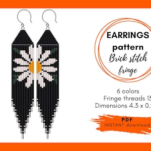 May include: A pair of black and white beaded earrings with a daisy design and fringe. The earrings are 4.3 inches long and 0.9 inches wide. The pattern is made with brick stitch and uses 6 colors and 13 fringe threads. The listing includes a PDF download for the pattern.