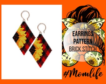 Sunflower beaded earrings pattern, brick stitch pattern, Seed bead, Miyuki Delica, Rhombus shape, Bead weaving, Mothers day, PDF digital 373