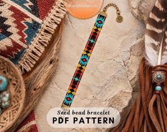 May include: A long, narrow seed bead bracelet featuring a geometric pattern in vibrant turquoise, yellow, orange, and black. The bracelet includes a bronze-toned metal clasp with an adjustable chain and a small circular charm at the end.