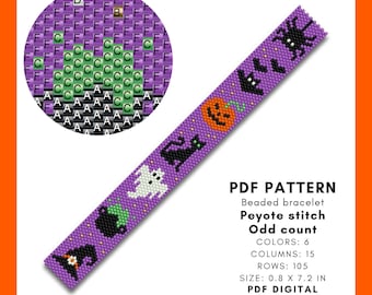 Odd Peyote Bracelet Pattern PDF, Halloween Pumpkin Cat Bat Spider Ghost Witch Hat Cauldron Miyuki Delica Jewelry Design pdf digital 068