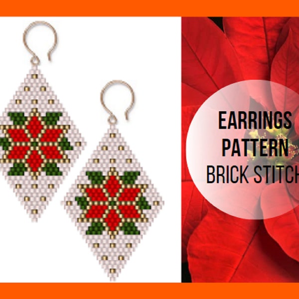 Christmas in July red flower brick stitch earring pattern, Poinsettia seed bead earring pattern, pdf digital download