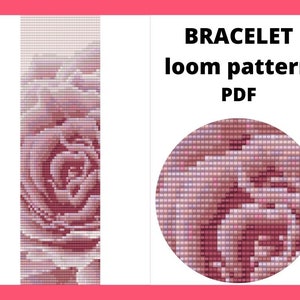 バラの花のビーズ織機のブレスレットのパターン、ピンクのバラのブレスレットのパターン、ピンクのバラの花のパターン、pdf の即時ダウンロード、織機のビーズのブレスレット