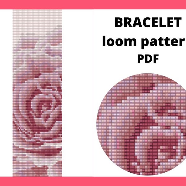 Rose flower bead loom bracelet patterns, Pink rose bracelet pattern, Pink rose flower pattern, pdf instant download, Loom beaded bracelet