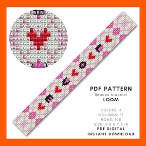 Peut inclure: Un motif de bracelet de perles avec le mot "LOVE" en noir et rouge, entouré de cœurs roses et de motifs floraux. Le bracelet mesure 2,3 x 18,3 cm. Le motif numérique PDF est en téléchargement instantané.
