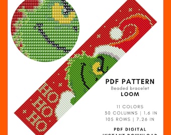 Christmas Grinch loom beaded bracelet pattern, Wide wrist cuff Miyuki Delica seed bead Bookmark DIY winter jewelry project PDF digital 043
