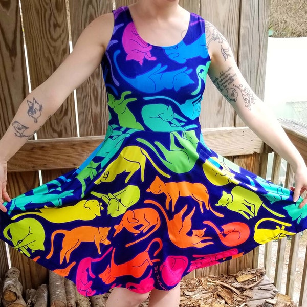 All-Over Print of Rainbow Cats; Dress and Leggings with Pockets