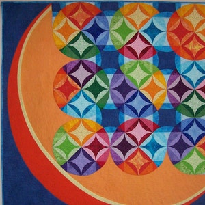 Large Wall Quilt, Art Quilt, Textile Art, Bright Colorful Modern Orange Peel, Quilted Wall Hanging, Orange and Blue, Multi color, Fiber Art